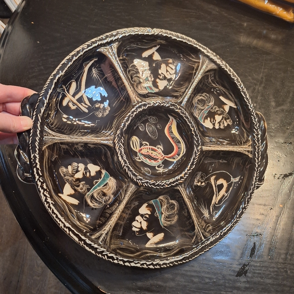 VANDE Australian Hand Painted Aboriginal Design Divided Vintage Platter 15 in